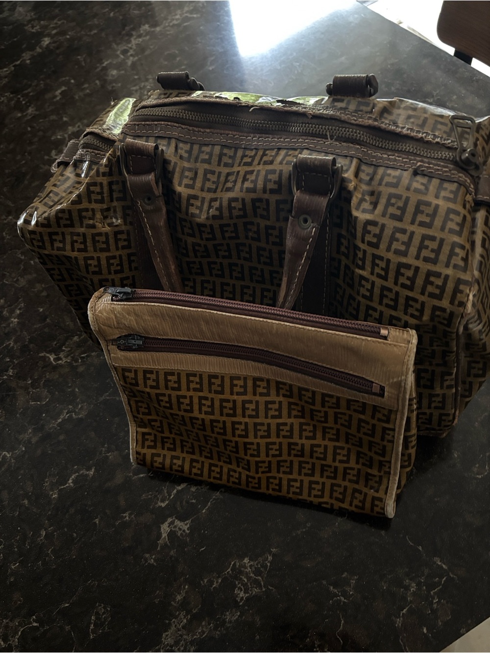 Fendi Brown Monogram Toiletry Bag with Matching Pouch